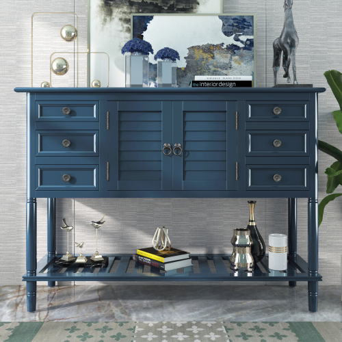 U-STYLE 45'' Retro Style Wooden Console Table with 6 Storage Drawers, 1 Cabinets and Bottom Shelf, for Entrance, Hallway, Dining Room, Kitchen - Navy