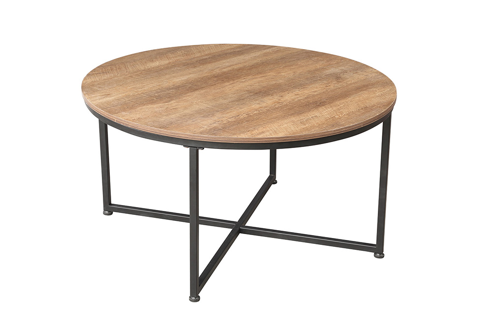 35" Round Wooden Coffee Table, with Metal Frame, for Kitchen, Restaurant, Office, Living Room, Cafe - Light Brown