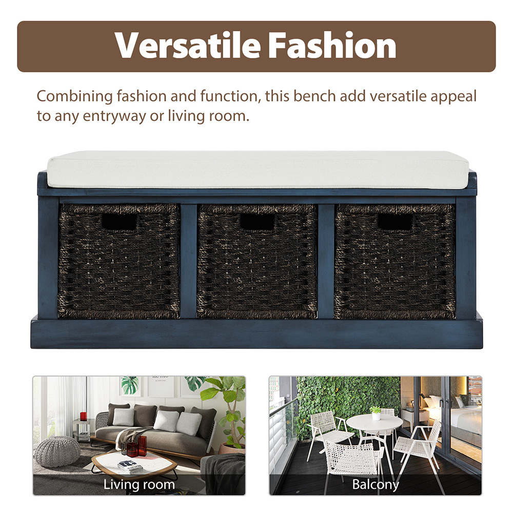 TREXM 43.7" Rustic Style Wooden Storage Bench with 3 Removable Rattan Basket, for Entrance, Hallway, Bedroom - Navy