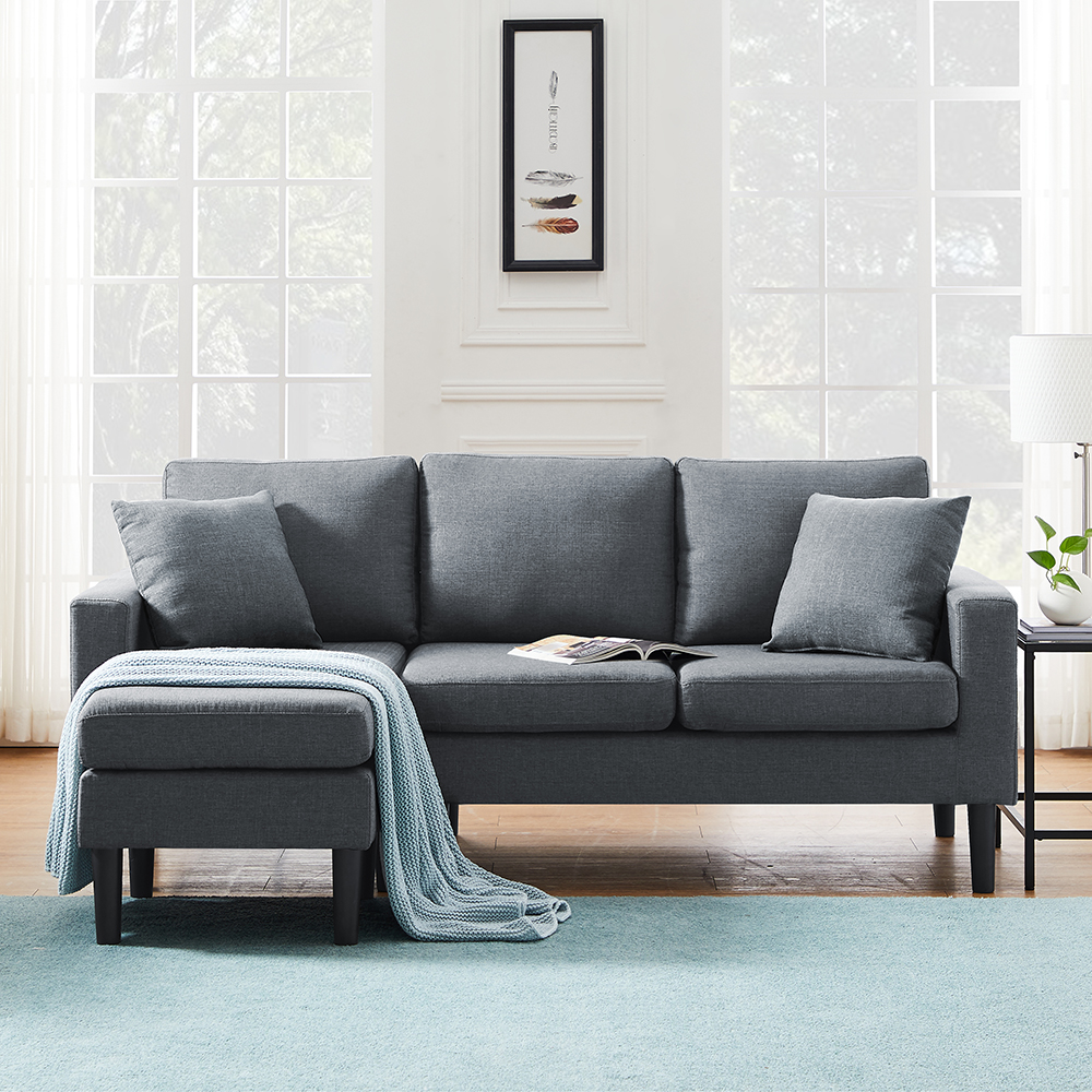 77.16" 4-Seat Microfiber Upholstered Sectional Sofa with Ottoman, and Wooden Frame, for Living Room, Bedroom, Office, Apartment - Dark Gray
