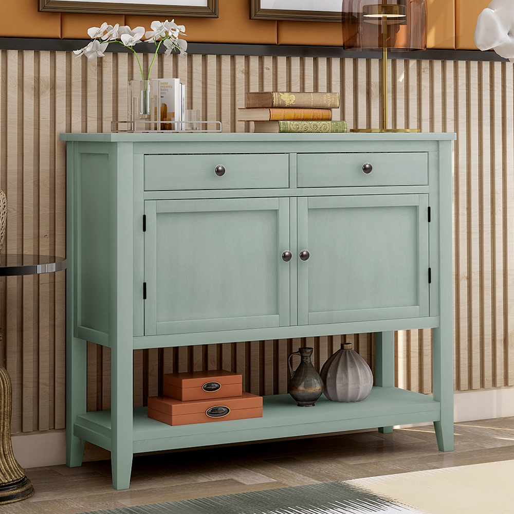 U-STYLE 39'' Modern Style Wooden Console Table with 2 Storage Drawers, 2 Cabinets and Bottom Shelf, for Entrance, Hallway, Dining Room, Kitchen - Green