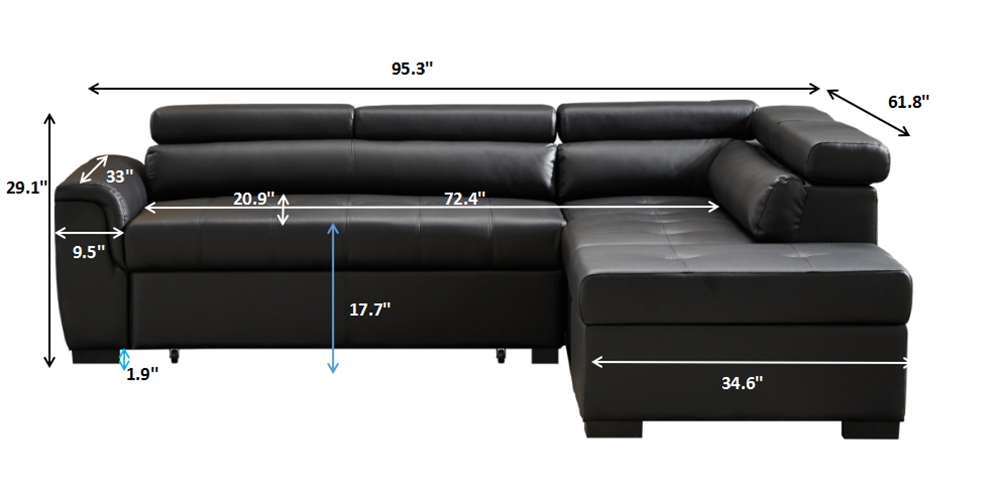 95.3" 5-Seat L-shaped Corner Leather Sofa Bed with Storage Ottoman, Wooden Frame, and Plastic Feet, for Living Room, Bedroom, Office, Apartment - Black