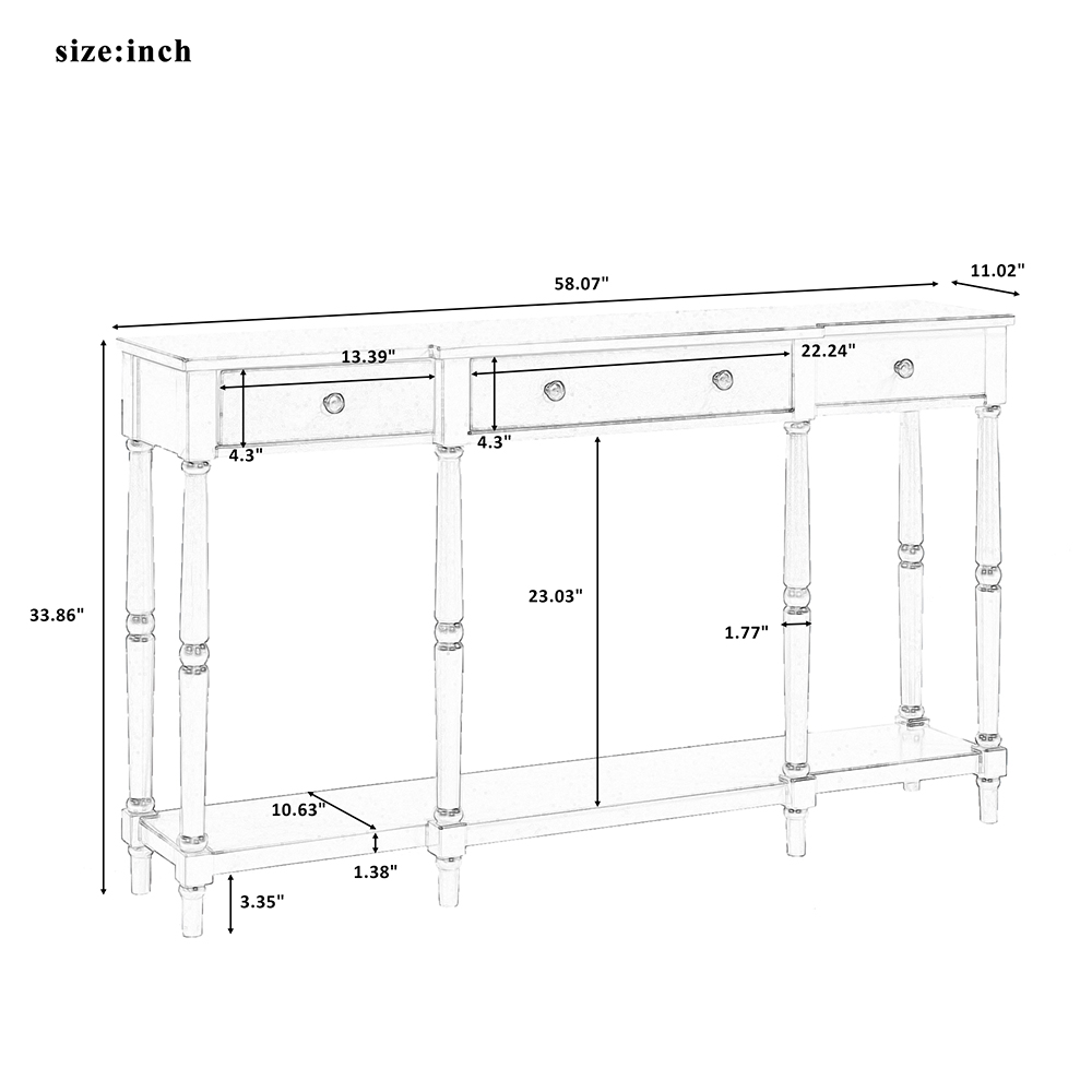 U-STYLE 58" Modern Style Wooden Console Table with 3 Storage Drawers, and Bottom Shelf, for Entrance, Hallway, Dining Room, Kitchen - Brown
