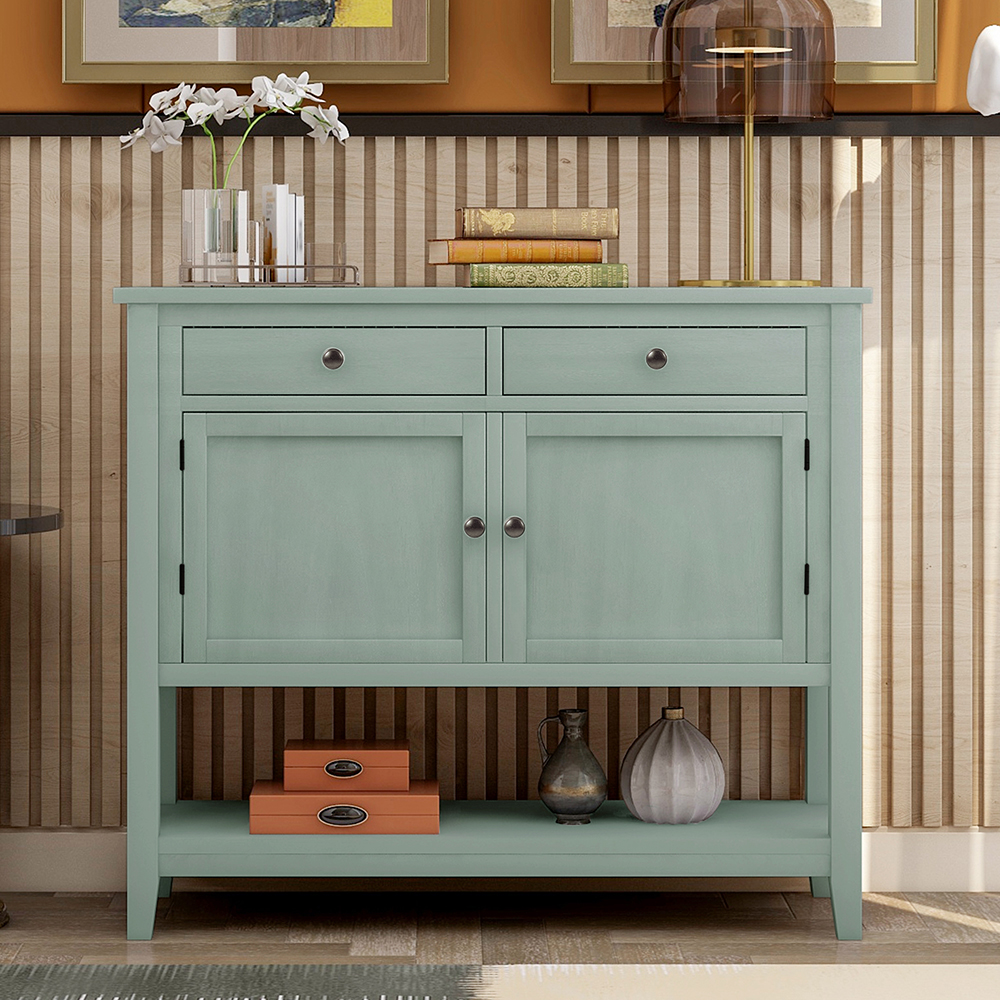 U-STYLE 39'' Modern Style Wooden Console Table with 2 Storage Drawers, 2 Cabinets and Bottom Shelf, for Entrance, Hallway, Dining Room, Kitchen - Green