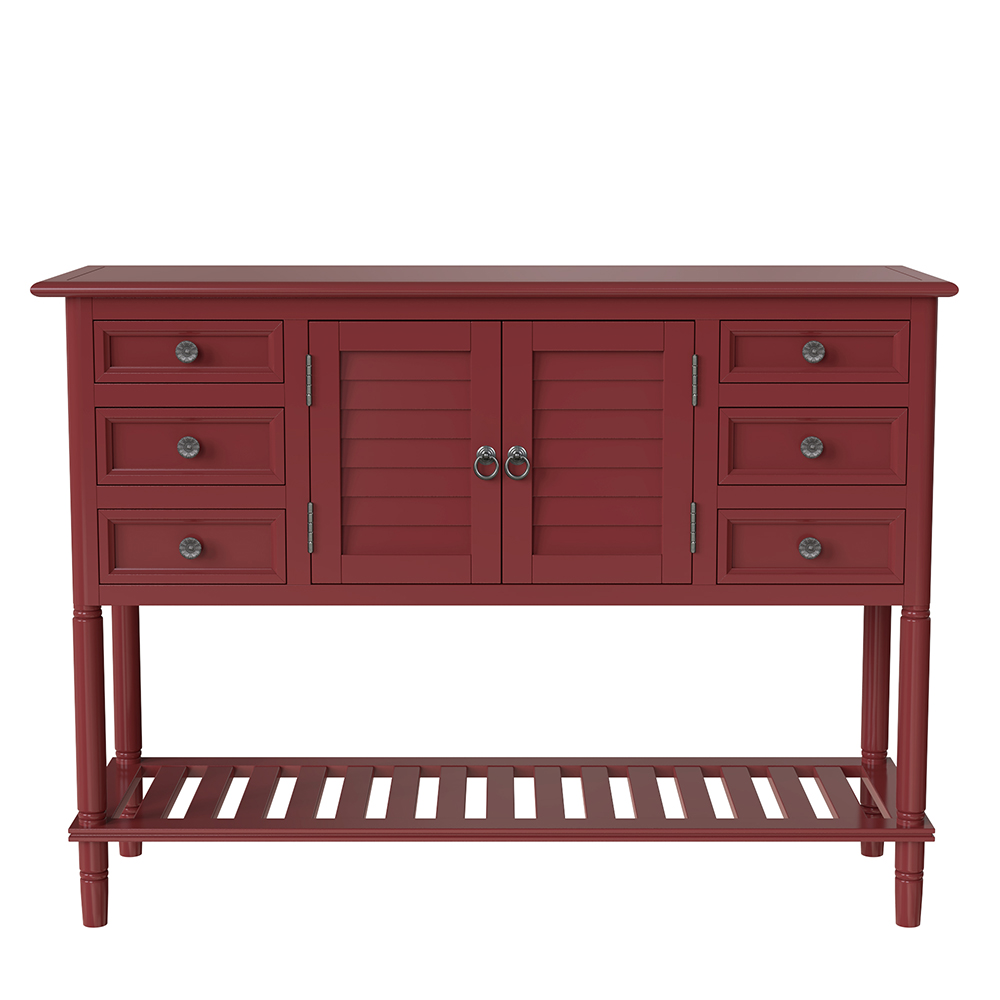 U-STYLE 45'' Retro Style Wooden Console Table with 6 Storage Drawers, 1 Cabinets and Bottom Shelf, for Entrance, Hallway, Dining Room, Kitchen - Red