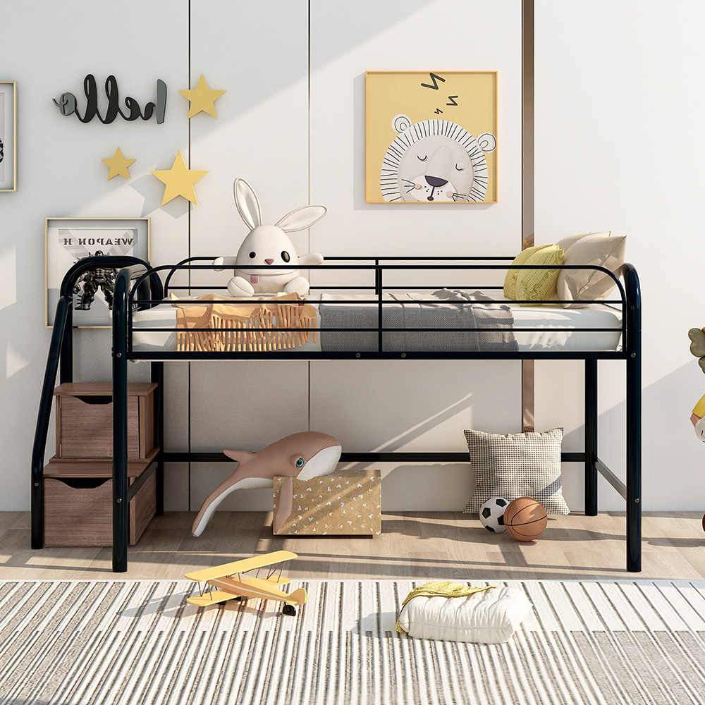 Twin-Size Loft Bed Frame with 2 Storage Stairs, and Metal Slats Support, Space-saving Design, No Box Spring Needed - Brown