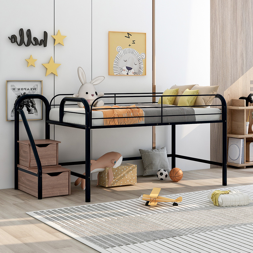 Twin-Size Loft Bed Frame with 2 Storage Stairs, and Metal Slats Support, Space-saving Design, No Box Spring Needed - Brown