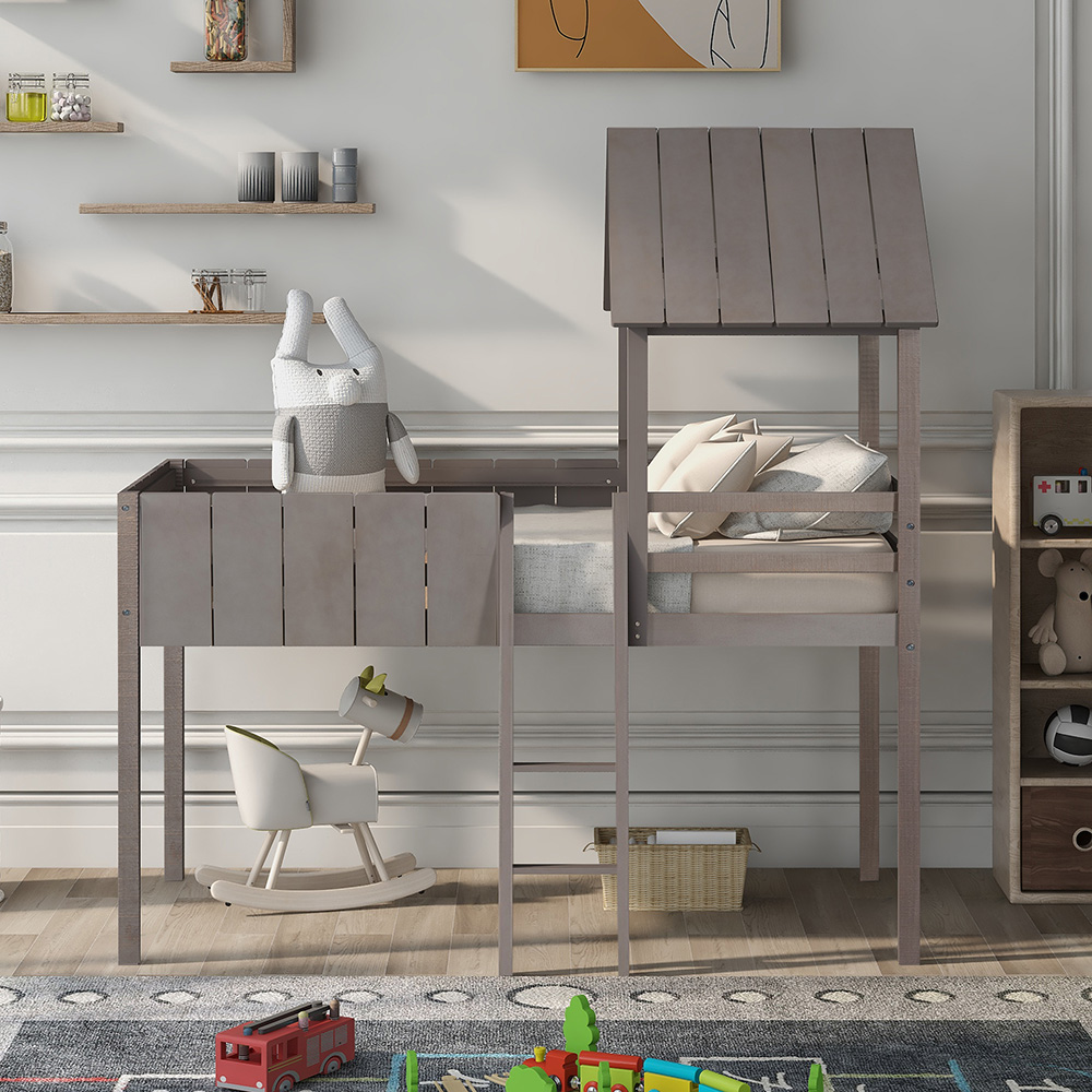 Twin-Size House-Shaped Loft Bed Frame with Guardrail, Ladder, and Wooden Slats Support, Space-saving Design, No Box Spring Needed - Gray Wash