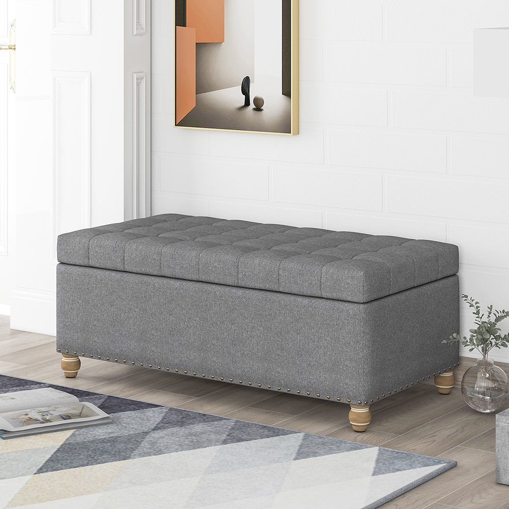 U-STYLE 39.4" Upholstered Storage Bench with Tufted Top, and Rubber Wood Legs, for Entrance, Hallway, Bedroom - Gray