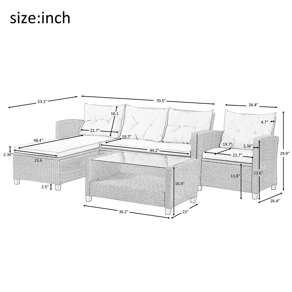 U-STYLE 4 Pieces Outdoor Ratten Furniture Set, Including 2-Seat Sofa, Lounge Sofa, Armchair, and Coffee Table, for Garden, Terrace, Porch, Poolside, Beach - Beige