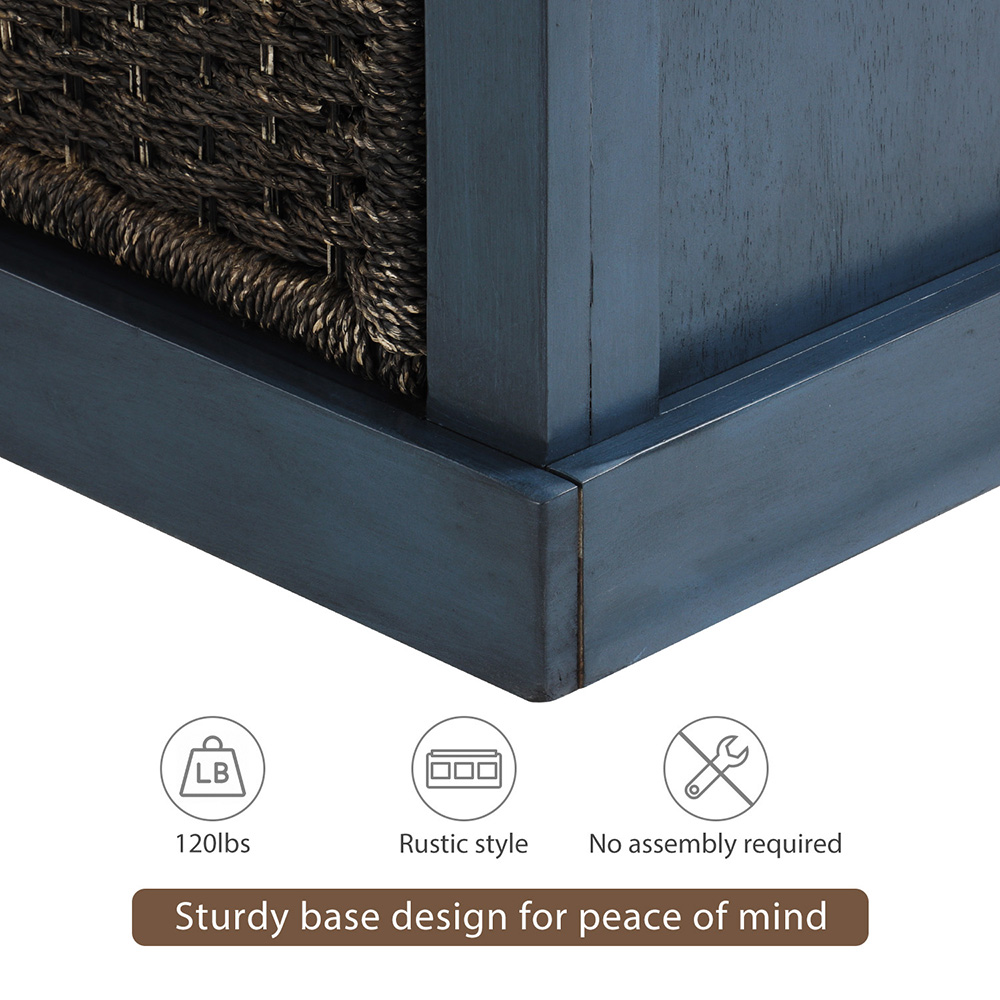 TREXM 43.7" Rustic Style Wooden Storage Bench with 3 Removable Rattan Basket, for Entrance, Hallway, Bedroom - Navy