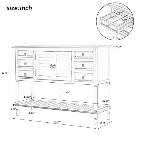 U-STYLE 45'' Retro Style Wooden Console Table with 6 Storage Drawers, 1 Cabinets and Bottom Shelf, for Entrance, Hallway, Dining Room, Kitchen - Navy