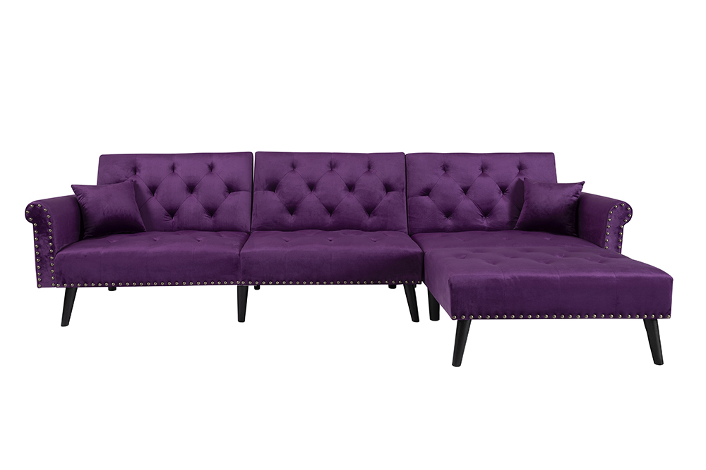 115" 4-Seat Velvet Upholstered Convertible Sofa Bed with Wooden Leges, for Living Room, Bedroom, Office, Apartment - Purple