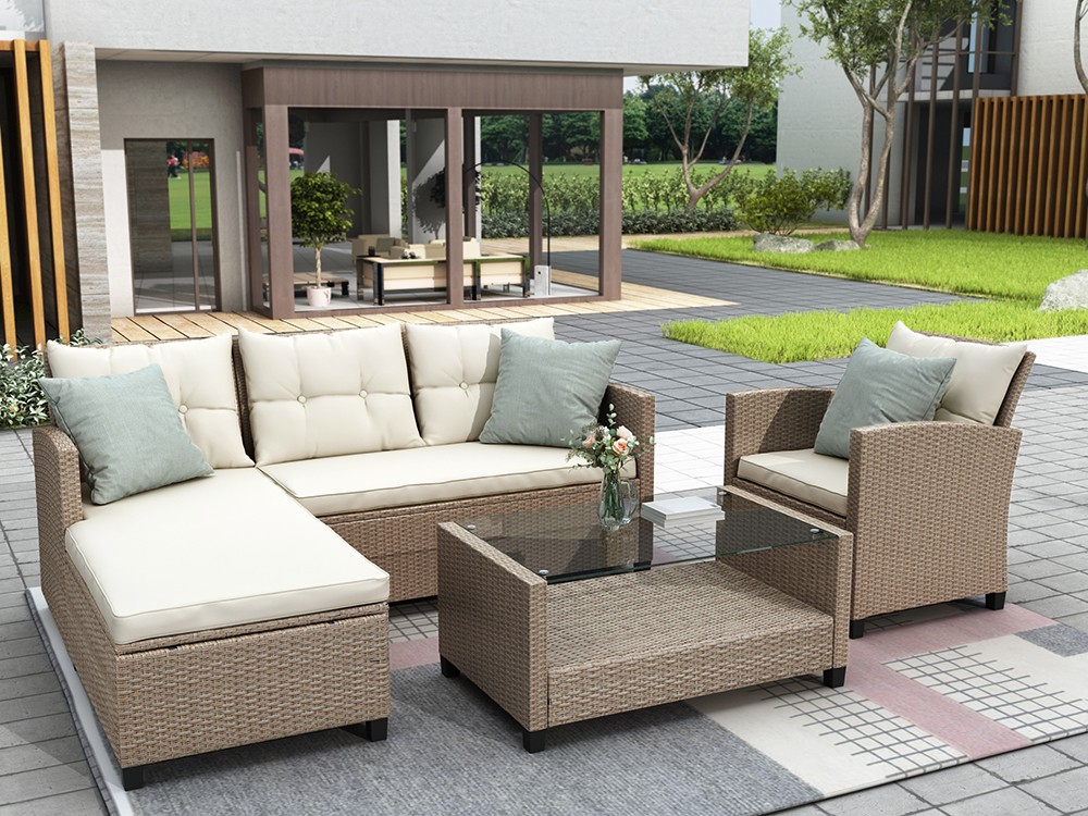 U-STYLE 4 Pieces Outdoor Ratten Furniture Set, Including 2-Seat Sofa, Lounge Sofa, Armchair, and Coffee Table, for Garden, Terrace, Porch, Poolside, Beach - Beige