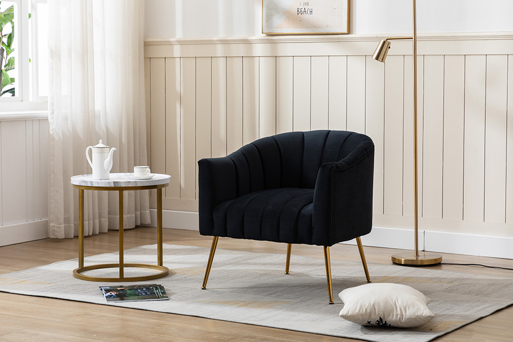28" Velvet Tufted Upholstered Chair with Curved Backrest and Metal Legs, for Living Room, Bedroom, Dining Room, Office - Black
