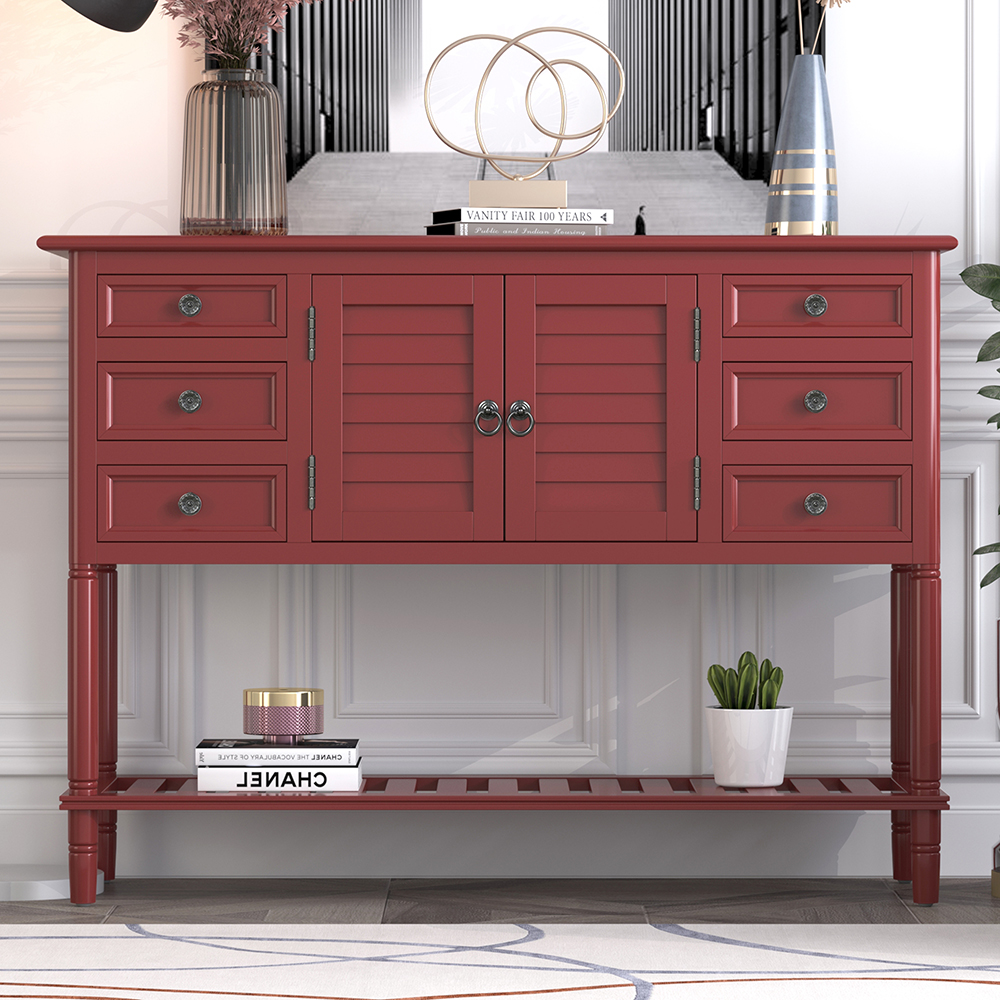 U-STYLE 45'' Retro Style Wooden Console Table with 6 Storage Drawers, 1 Cabinets and Bottom Shelf, for Entrance, Hallway, Dining Room, Kitchen - Red