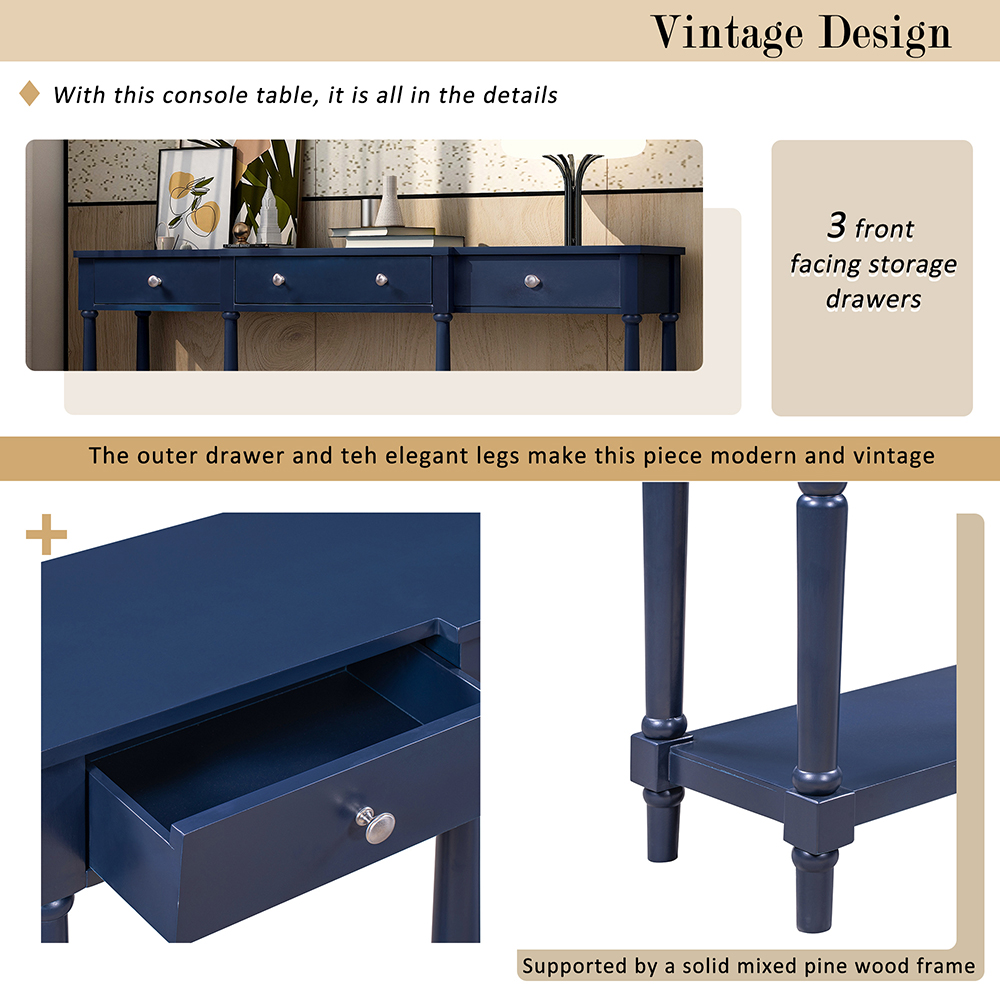 U-STYLE 58" Modern Style Wooden Console Table with 3 Storage Drawers, and Bottom Shelf, for Entrance, Hallway, Dining Room, Kitchen - Navy