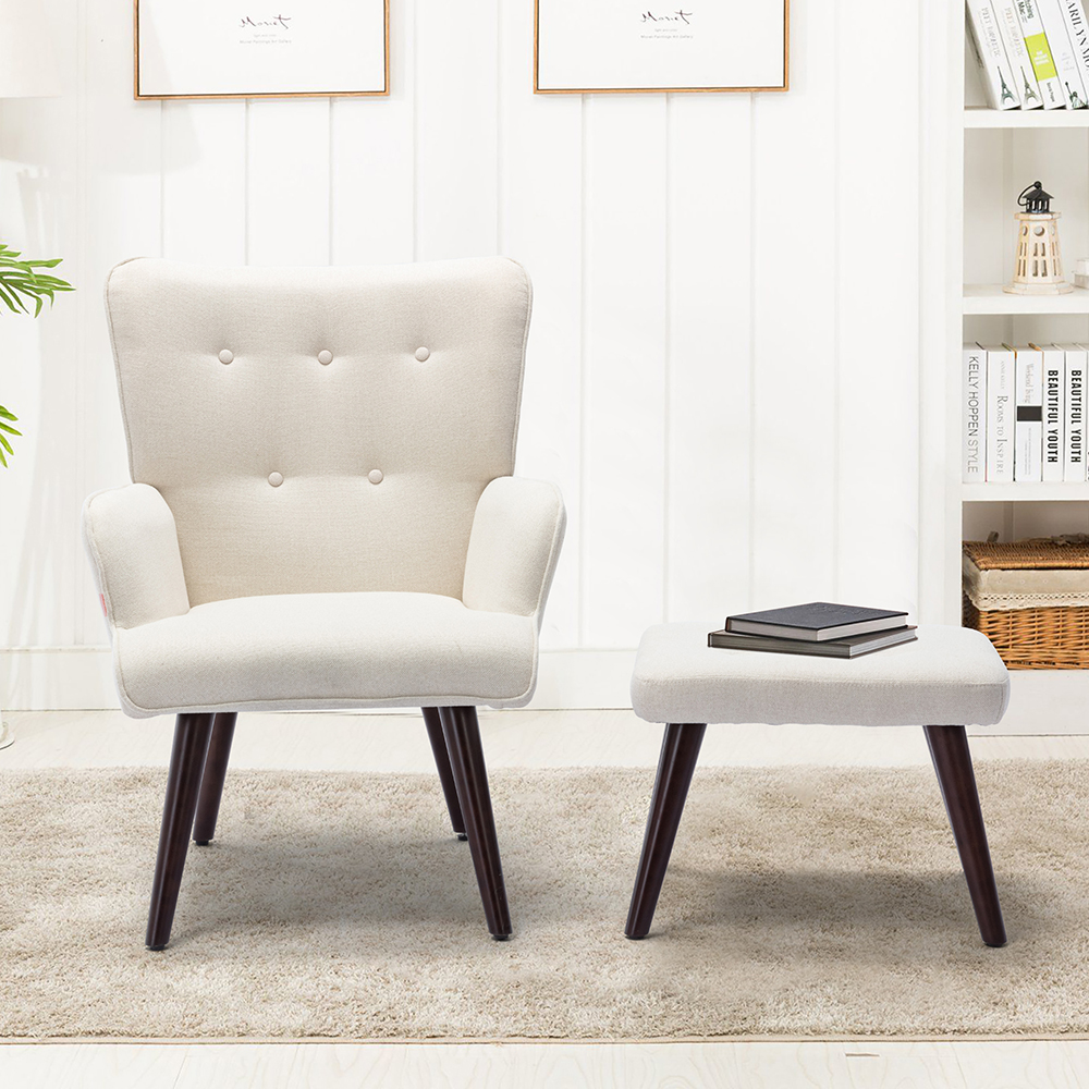 Canyon Vista Modern Style Linen Sofa Chair with Ottoman, and Wooden Frame, for Living Room, Bedroom, Dining Room, Office - Beige
