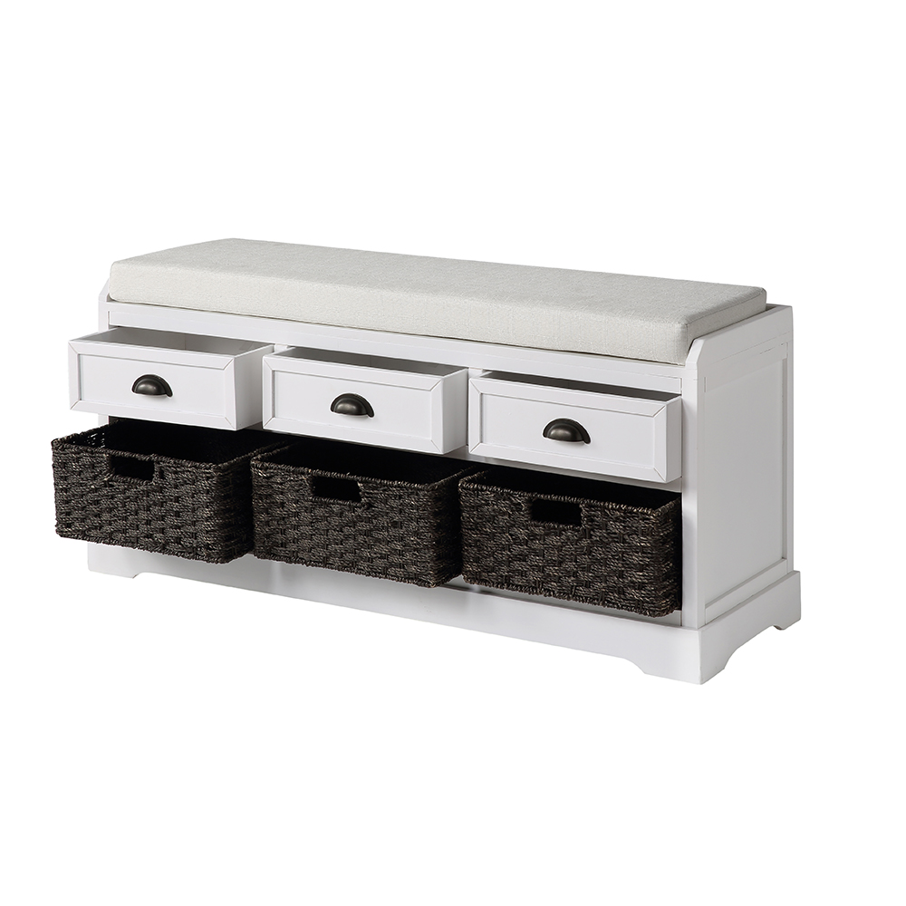 U-STYLE 44" Storage Bench with 3 Drawers, 3 Baskets, and Wooden Frame, for Entrance, Hallway, Bedroom, Living Room - White