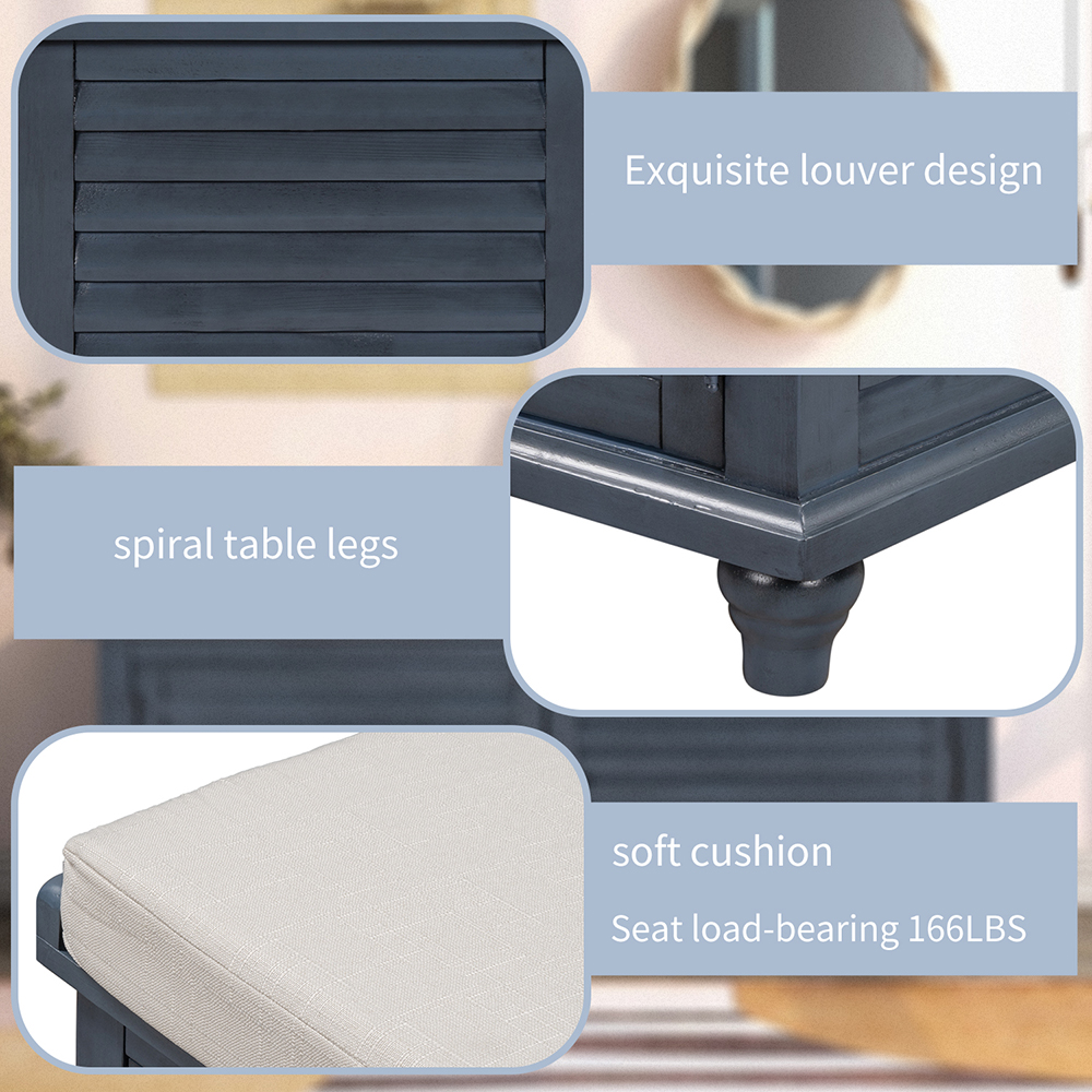 TREXM 43.4" Louver Design Upholstered Storage Bench with Removable Cushion, and Wooden Frame, for Entrance, Hallway, Bedroom, Living Room - Blue