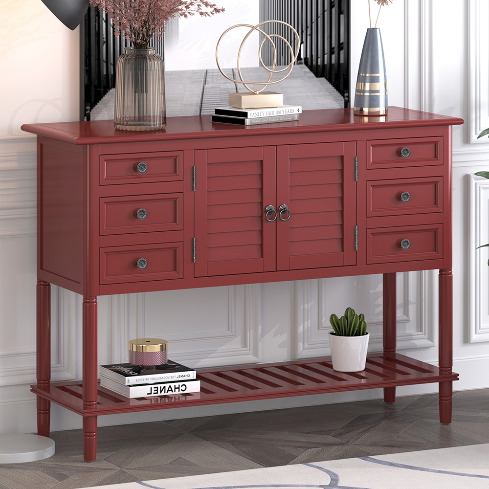 U-STYLE 45'' Retro Style Wooden Console Table with 6 Storage Drawers, 1 Cabinets and Bottom Shelf, for Entrance, Hallway, Dining Room, Kitchen - Red