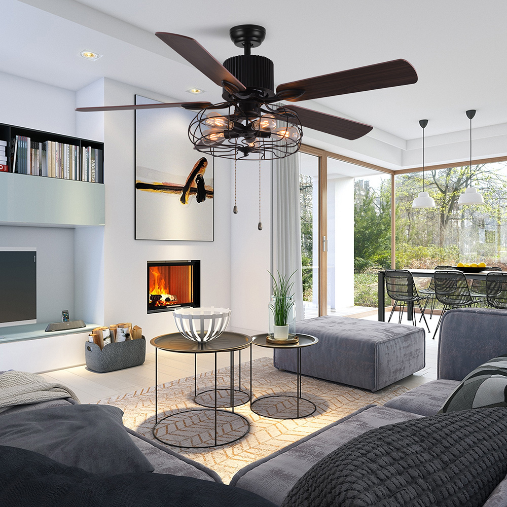 52" Metal Ceiling Fan Lamp with 5 Reversible Wood Blades, and Remote Control, for Living Room, Bedroom, Corridor, Dining Room - Black