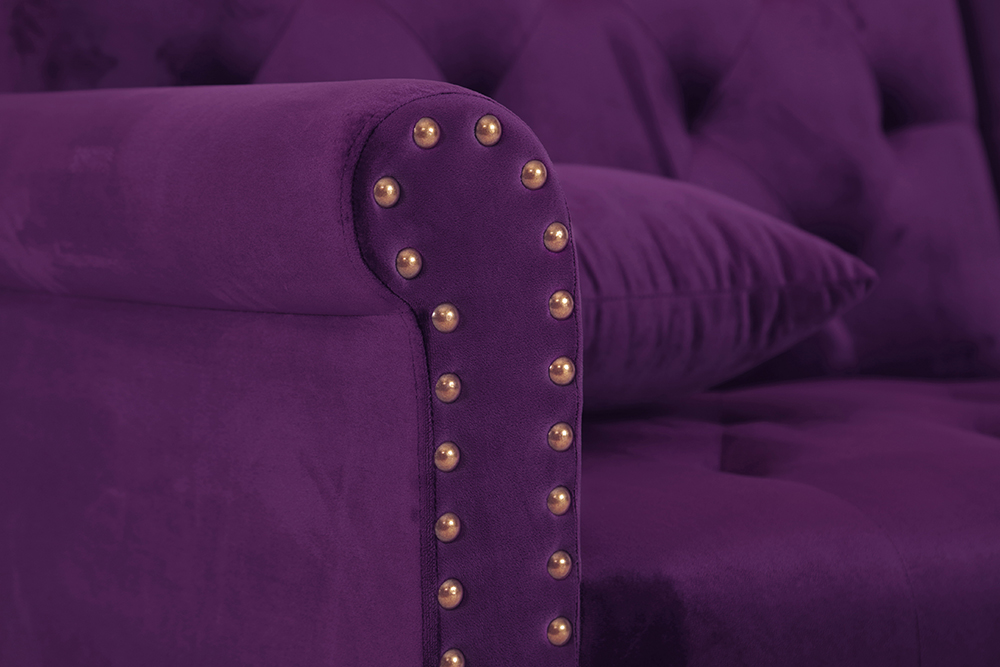 115" 4-Seat Velvet Upholstered Convertible Sofa Bed with Wooden Leges, for Living Room, Bedroom, Office, Apartment - Purple
