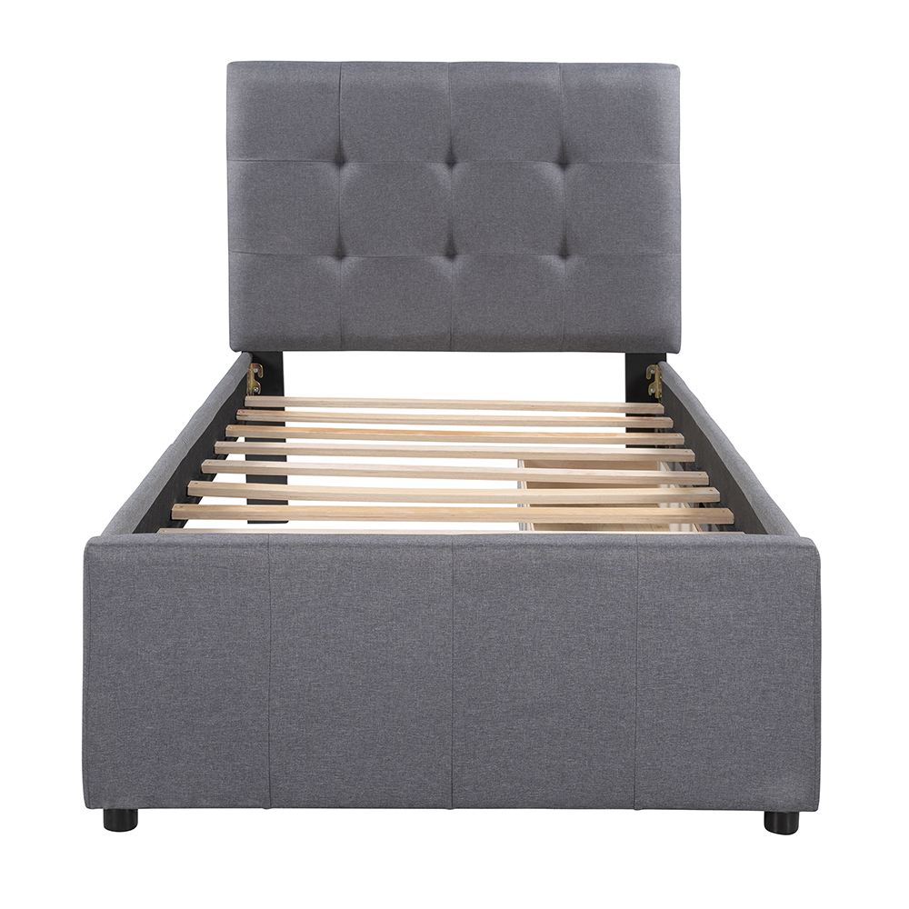 Twin-Size Linen Upholstered Platform Bed Frame with 2 Storage Drawers, Headboard and Wooden Slats Support, No Box Spring Needed (Only Frame) - Gray