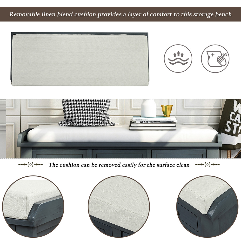 TREXM 42.1" Rustic Style Storage Bench with 3 Drawers, 3 Rattan Baskets, and Removable Cushion, for Entrance, Hallway, Bedroom, Living Room - Antique Navy