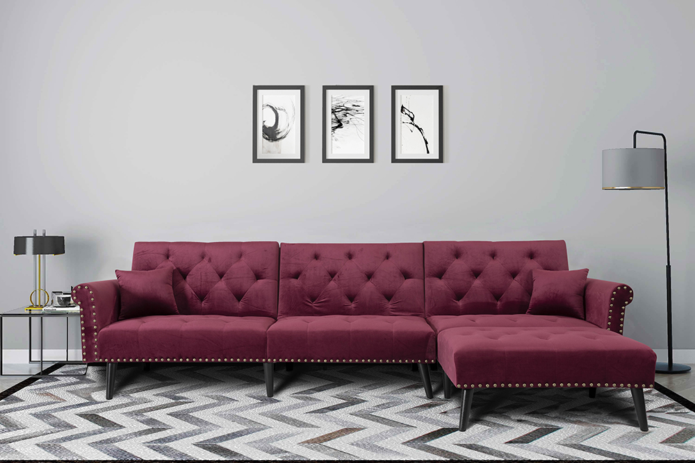 115" 4-Seat Velvet Upholstered Convertible Sofa Bed with Wooden Legs, for Living Room, Bedroom, Office, Apartment - Red