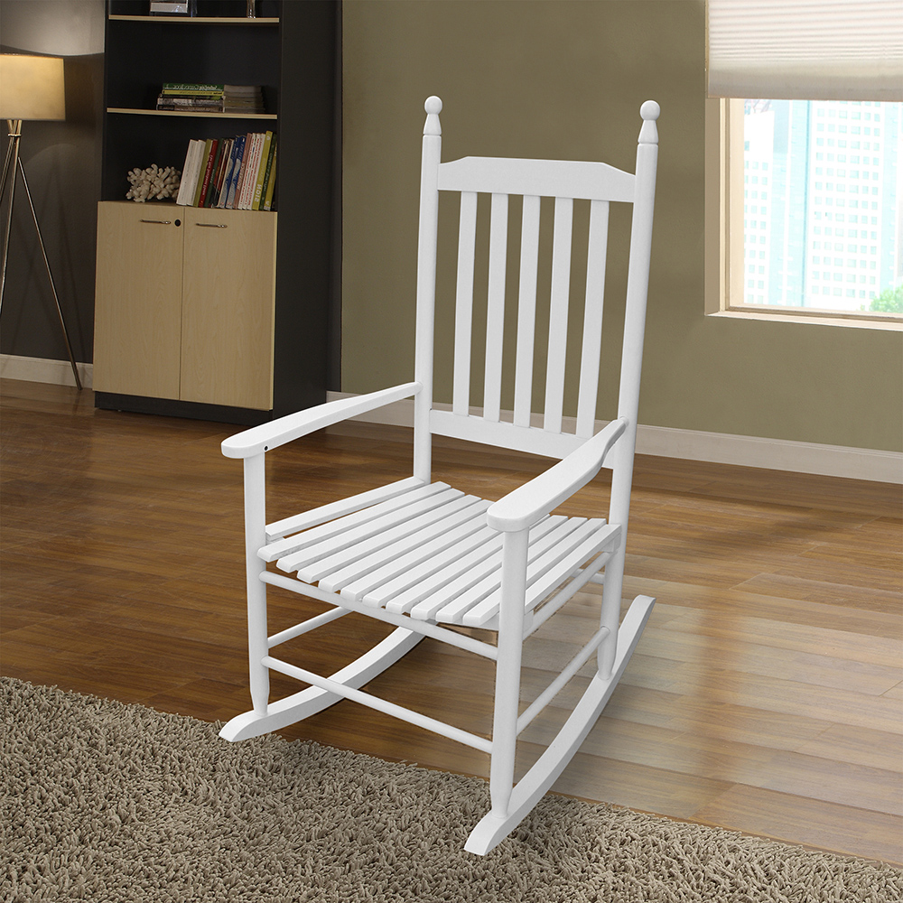 Wooden Rocking Chair with Armrests and Slats Support, for Garden, Terrace, Porch, Poolside, Beach - White