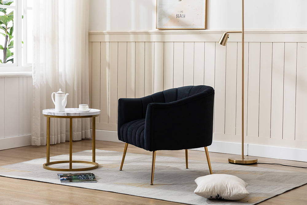 28" Velvet Tufted Upholstered Chair with Curved Backrest and Metal Legs, for Living Room, Bedroom, Dining Room, Office - Black