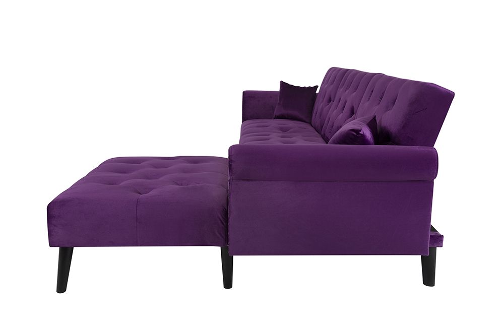 4-Seat Velvet Convertible Folding Sofa Bed, with Backrest and Armrest, for Living Room, Bedroom, Office, Apartment - Purple