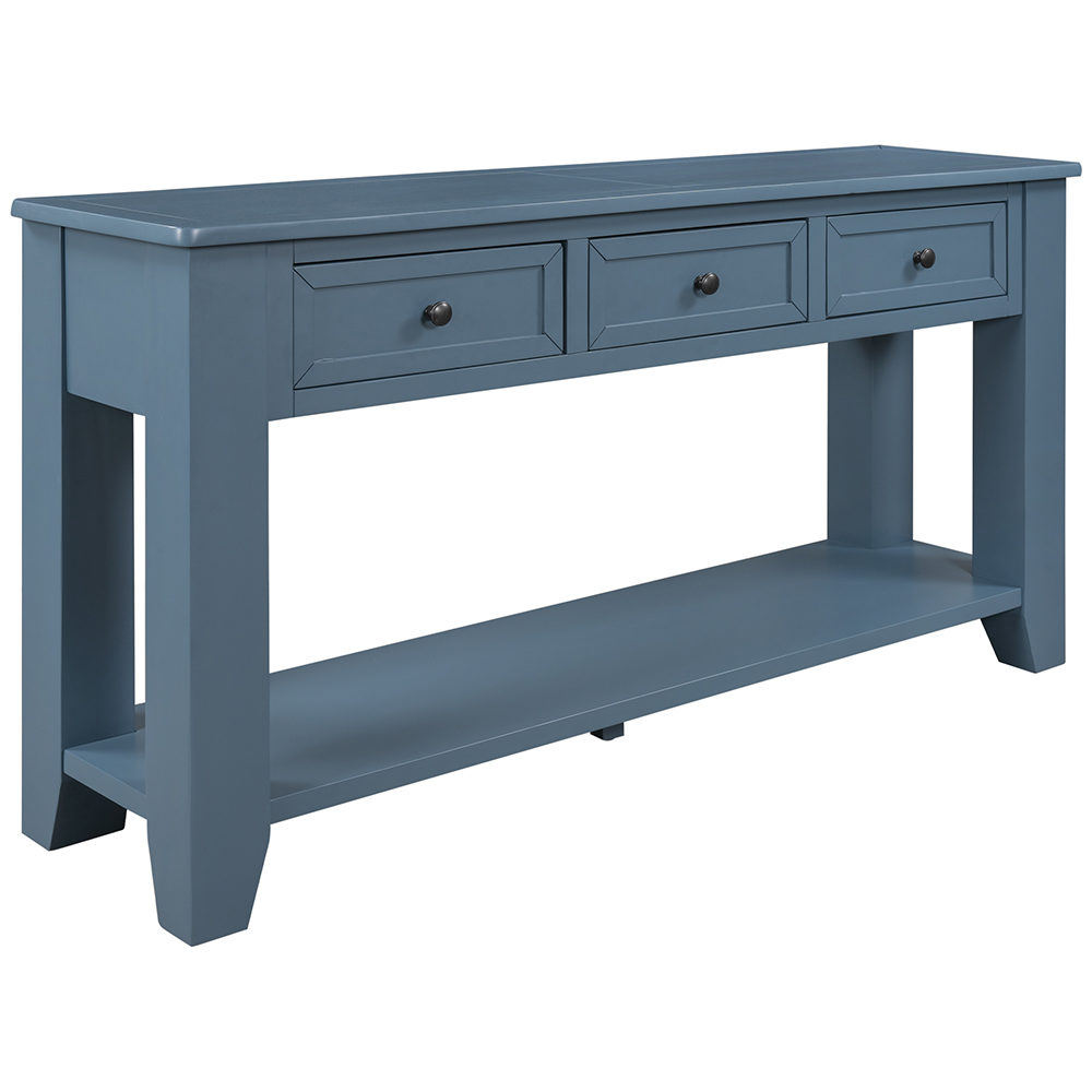 U-STYLE 55" Modern Style Wooden Console Table with 3 Storage Drawers, and Bottom Shelf, for Entrance, Hallway, Dining Room, Kitchen - Blue