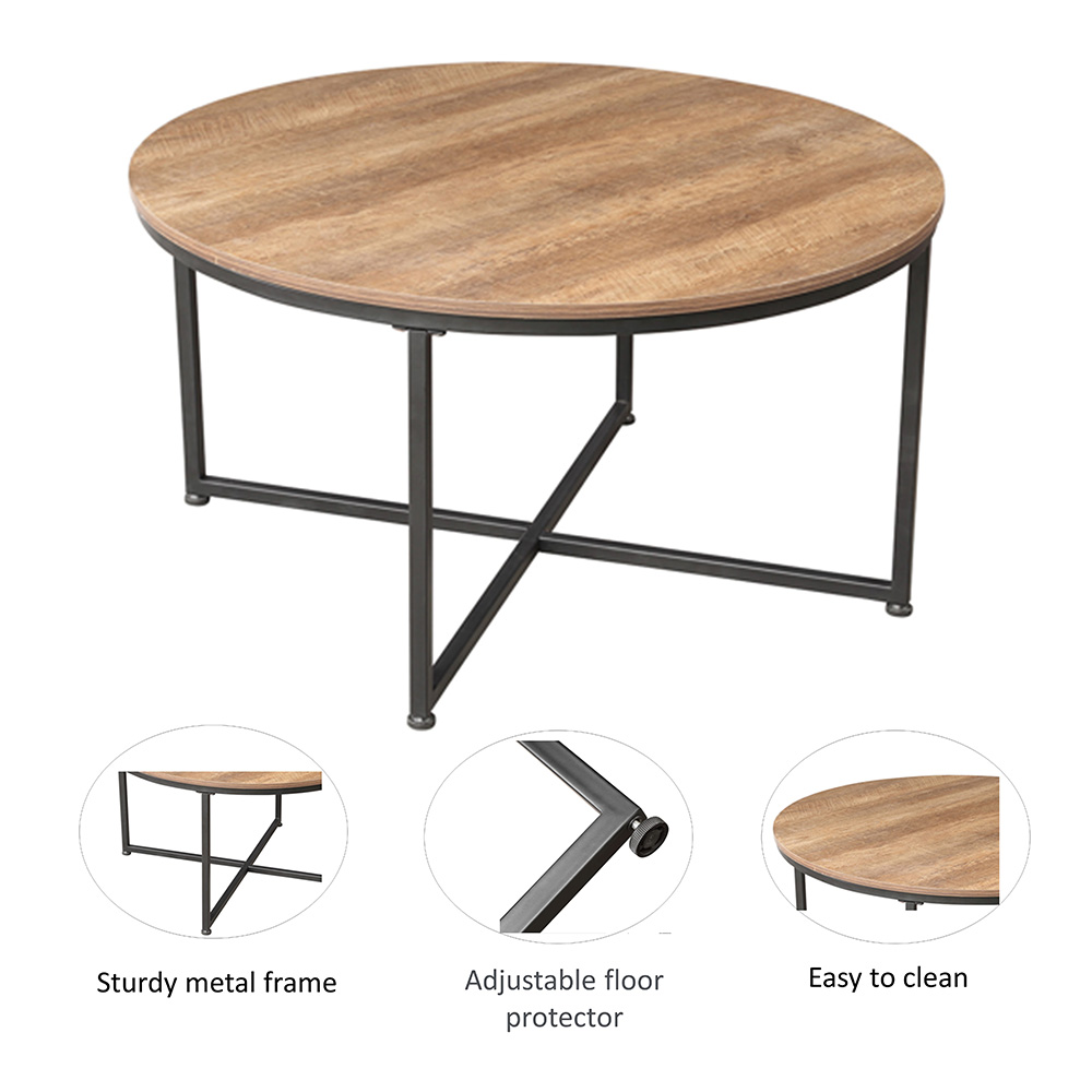 35" Round Wooden Coffee Table, with Metal Frame, for Kitchen, Restaurant, Office, Living Room, Cafe - Light Brown