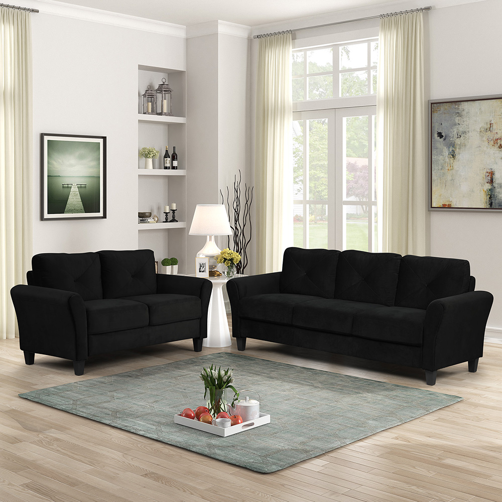 2 Pieces Fabric Upholstered Sofa Set, Including 1 3-seat Sofa, and 1 Loveseat, for Living Room, Bedroom, Office, Apartment - Black
