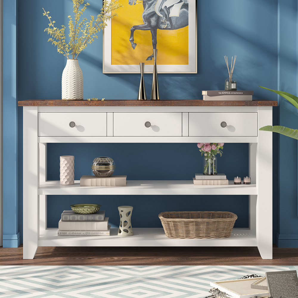 U-STYLE 48'' Modern Style Wooden Console Table with 3 Storage Drawers, and 2 Shelves, for Entrance, Hallway, Dining Room, Kitchen - White