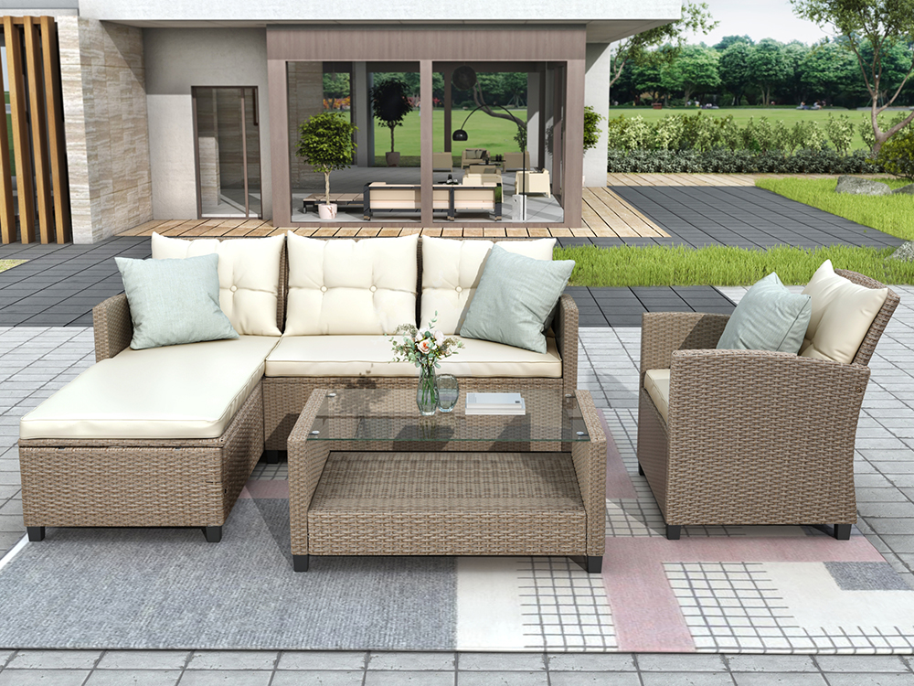 U-STYLE 4 Pieces Outdoor Ratten Furniture Set, Including 2-Seat Sofa, Lounge Sofa, Armchair, and Coffee Table, for Garden, Terrace, Porch, Poolside, Beach - Beige
