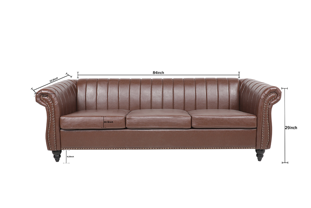 84'' 3-Seat PU Leather Sofa with Reversible Cushions, and Wooden Frame, for Living Room, Bedroom, Office, Apartment - Brown