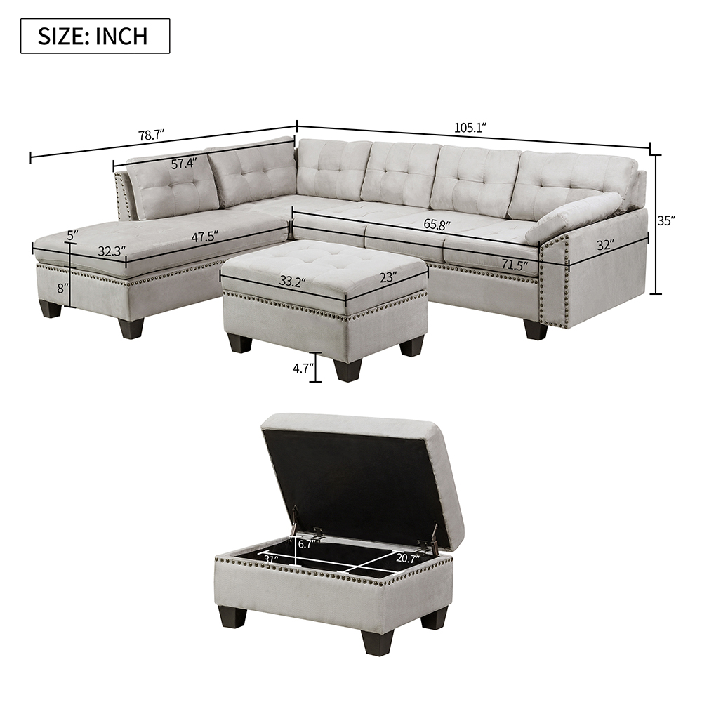 TREXM 105.1" Microsuede Upholstered Sectional Sofa with Storage Ottoman, Wooden Frame, and Plastic Legs, for Living Room, Bedroom, Office, Apartment - Gray