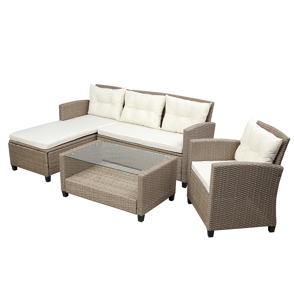 U-STYLE 4 Pieces Outdoor Ratten Furniture Set, Including 2-Seat Sofa, Lounge Sofa, Armchair, and Coffee Table, for Garden, Terrace, Porch, Poolside, Beach - Beige