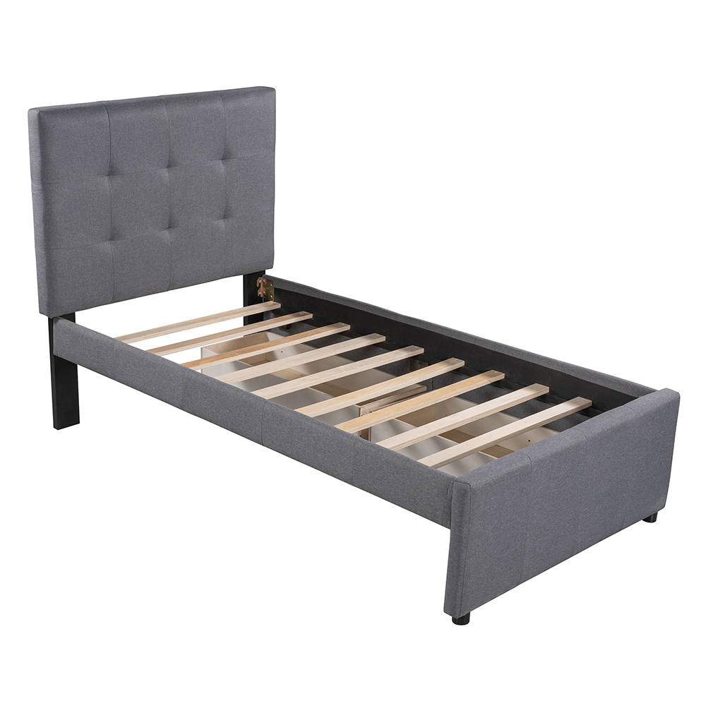 Twin-Size Linen Upholstered Platform Bed Frame with 2 Storage Drawers, Headboard and Wooden Slats Support, No Box Spring Needed (Only Frame) - Gray