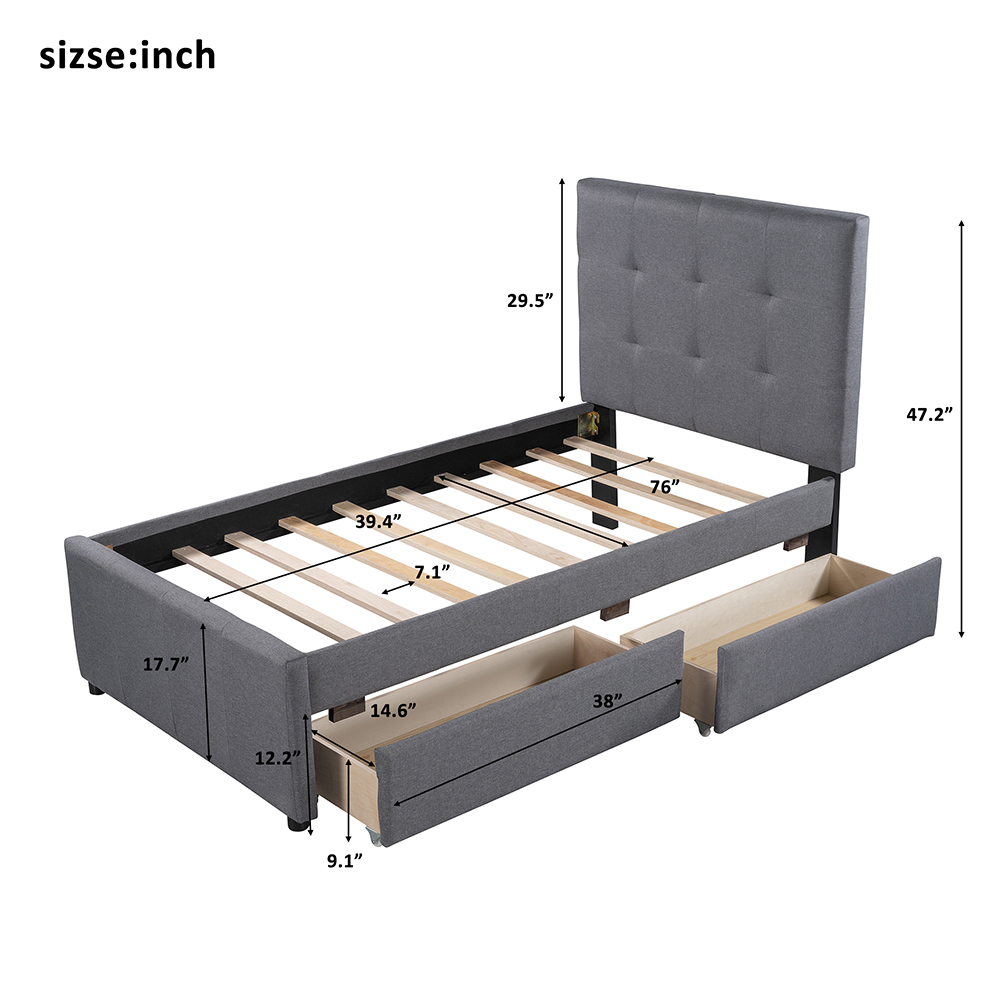 Twin-Size Linen Upholstered Platform Bed Frame with 2 Storage Drawers, Headboard and Wooden Slats Support, No Box Spring Needed (Only Frame) - Gray
