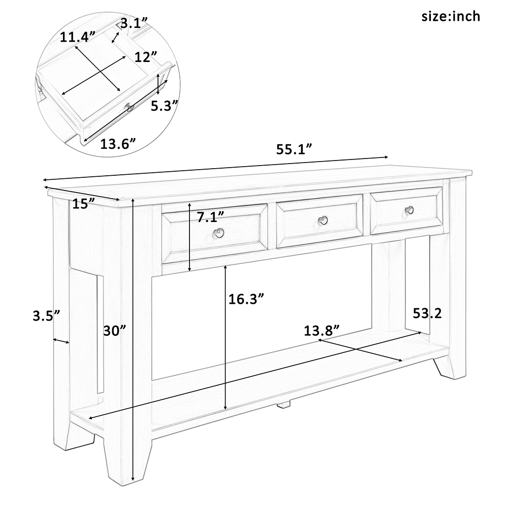 U-STYLE 55" Modern Style Wooden Console Table with 3 Storage Drawers, and Bottom Shelf, for Entrance, Hallway, Dining Room, Kitchen - Blue