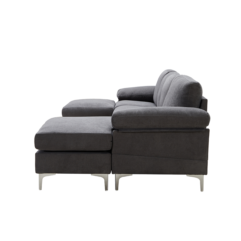 131" 5-Seat Fabric Upholstered Convertible Sectional Sofa with Ottoman, Wooden Frame, and Metal Legs, for Living Room, Bedroom, Office, Apartment - Dark Gray