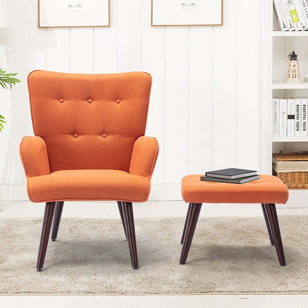 Canyon Vista Modern Style Linen Sofa Chair with Ottoman, and Wooden Frame, for Living Room, Bedroom, Dining Room, Office - Orange