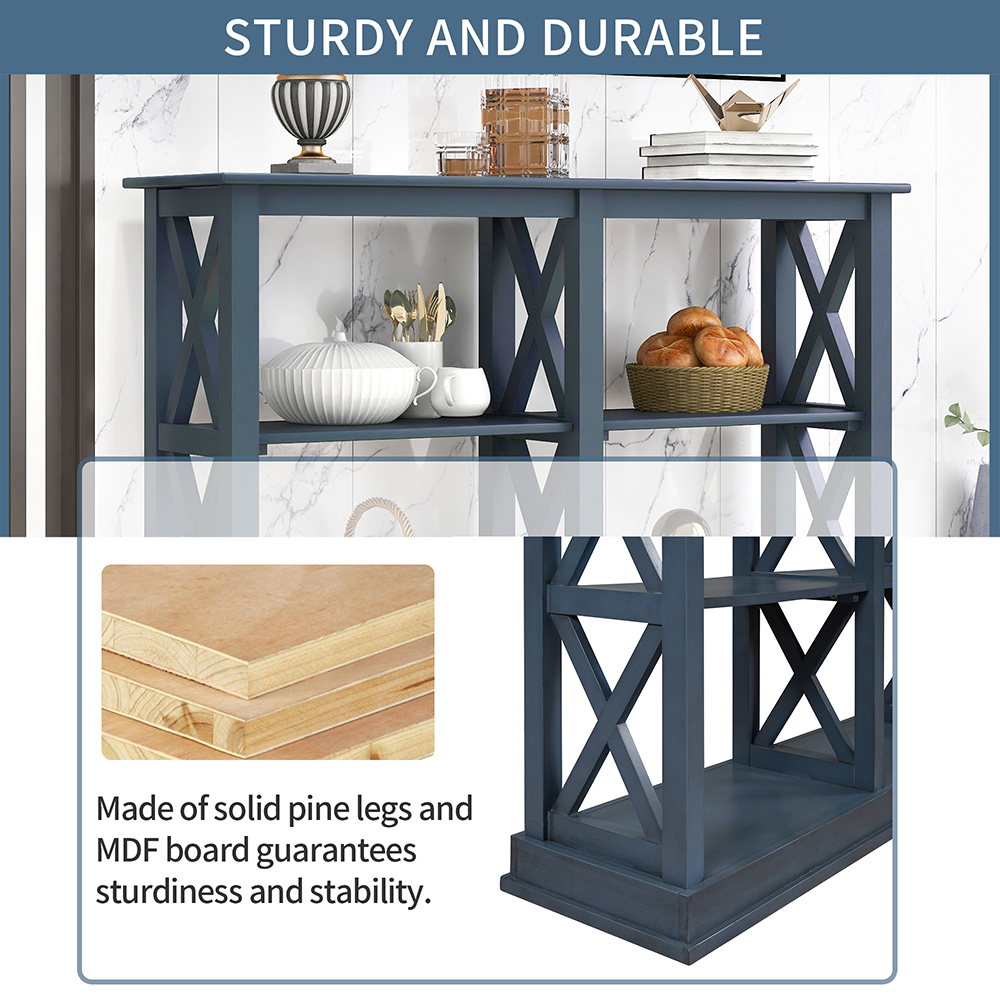 TREXM 46" Wooden Console Table with 3-Layer Open Storage Shelves, for Entrance, Hallway, Dining Room, Kitchen - Navy
