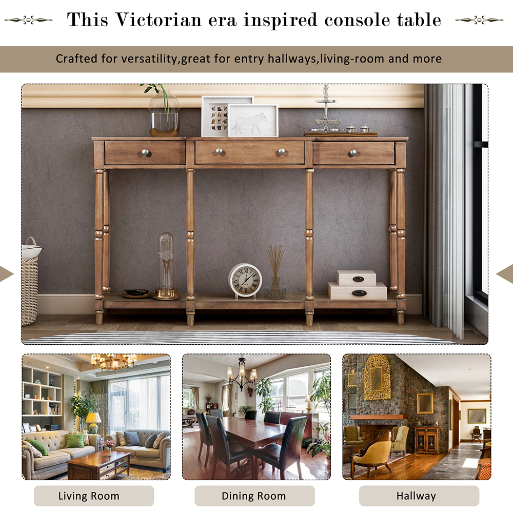 U-STYLE 58" Modern Style Wooden Console Table with 3 Storage Drawers, and Bottom Shelf, for Entrance, Hallway, Dining Room, Kitchen - Brown
