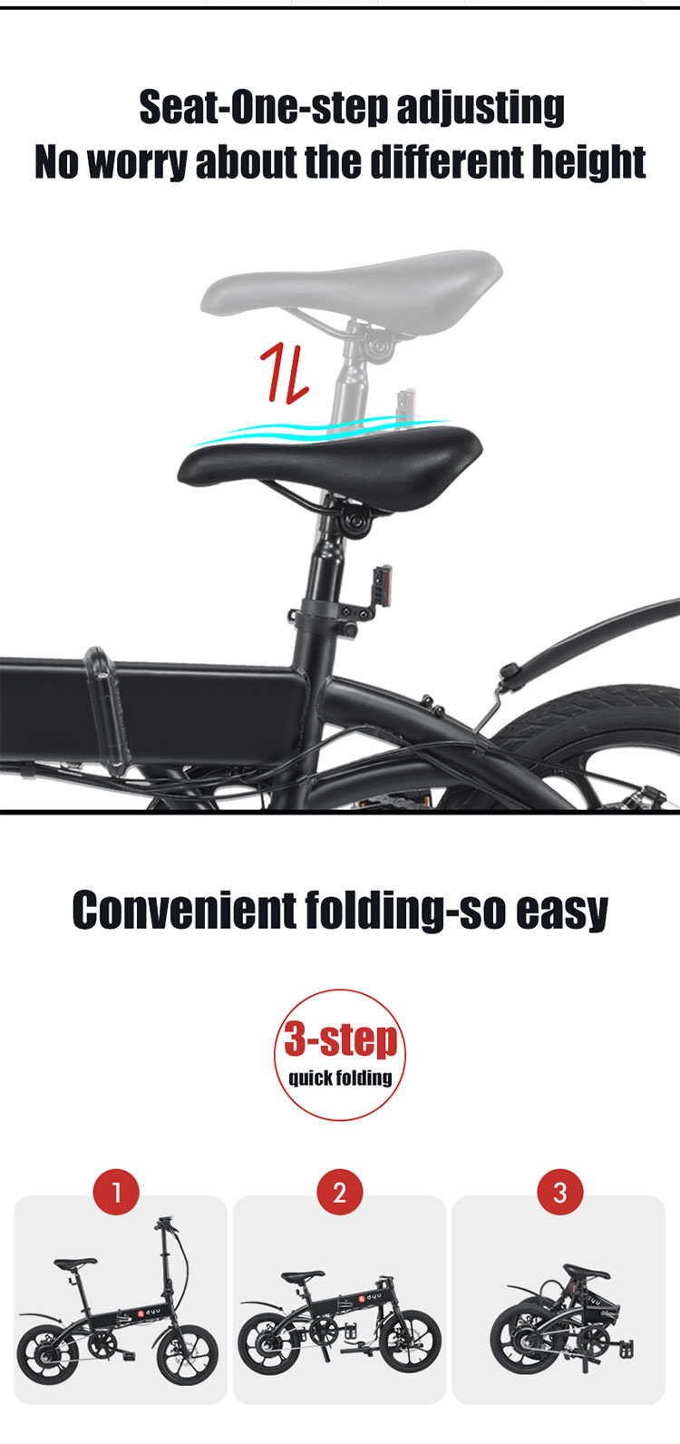 DYU A1F Folding Moped Electric Bike 16inch 25km/h Top Speed 15-20km Mileage Range 5Ah Battery 250W Double Brake System Max Load 120kg - Black