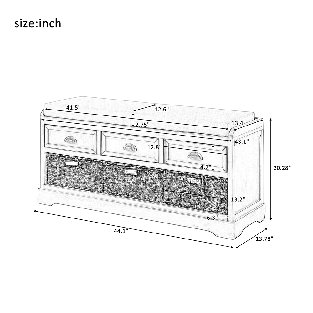 U-STYLE 44" Storage Bench with 3 Drawers, 3 Baskets, and Wooden Frame, for Entrance, Hallway, Bedroom, Living Room - White